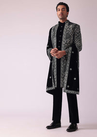 Black Sherwani In Velvet With Thread Embroidery