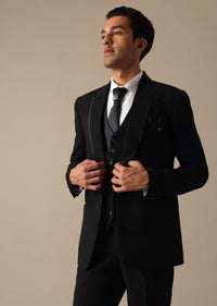 Black Blazer And Pant Tuxedo Set With Cutdana Work