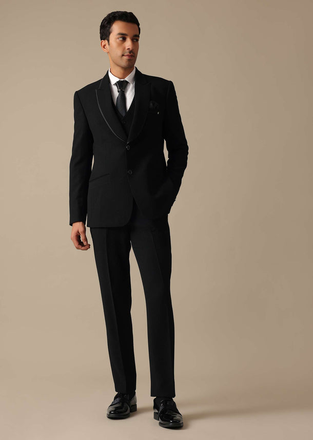 Black Blazer And Pant Tuxedo Set With Cutdana Work