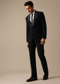 Black Blazer And Pant Set Tuxedo With Cutwork Detail