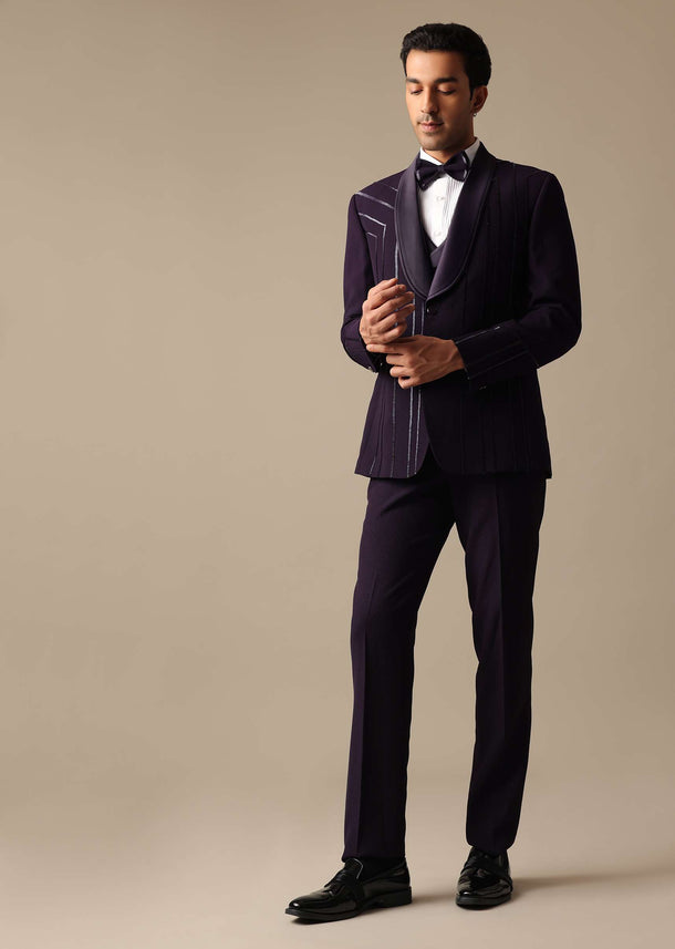 Purple Embroidered Tuxedo Set With Blazer And Pant Set