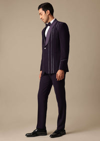 Purple Embroidered Tuxedo Set With Blazer And Pant Set