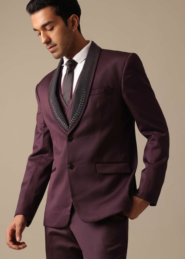 Purple Embroidered Tuxedo Set With Blazer And Pant Set In Terry Rayon