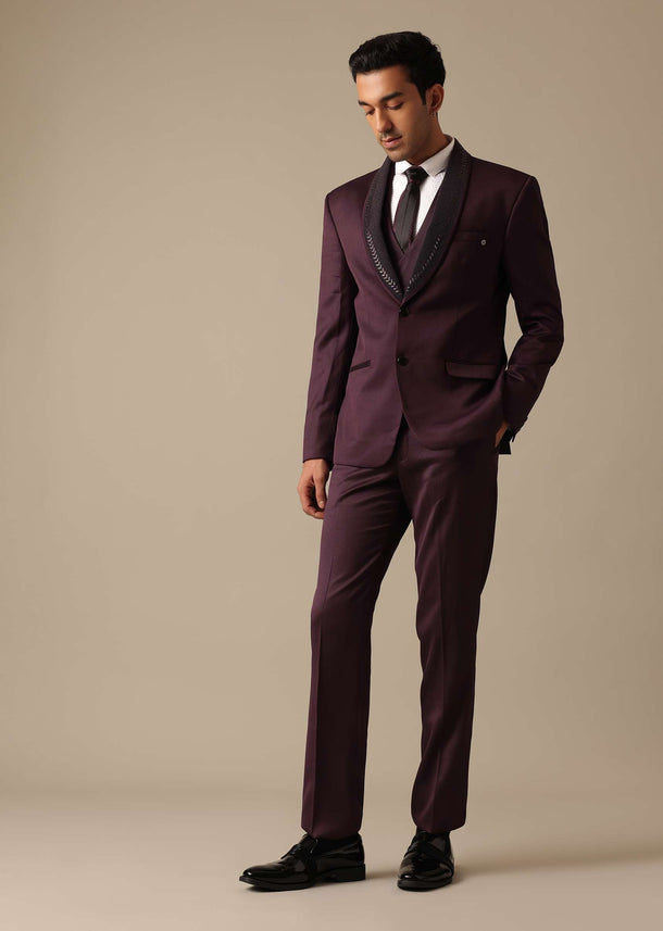 Purple Embroidered Tuxedo Set With Blazer And Pant Set In Terry Rayon