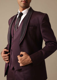 Purple Embroidered Tuxedo Set With Blazer And Pant Set In Terry Rayon