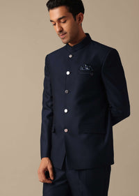 Blue Bandhgala Jodhpuri And Pant Set In Terry Rayon