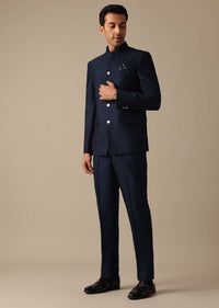 Blue Bandhgala Jodhpuri And Pant Set In Terry Rayon