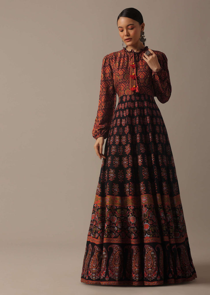 Black Flared Printed dress In Tussar Silk