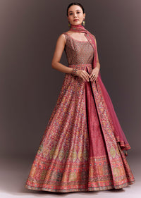 Punch Pink Embroidered Anarkali With Net Dupatta