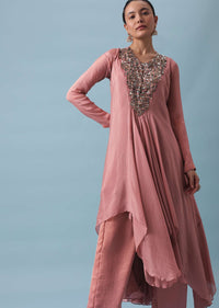 Pink High Low Anarkali Set In Chinon