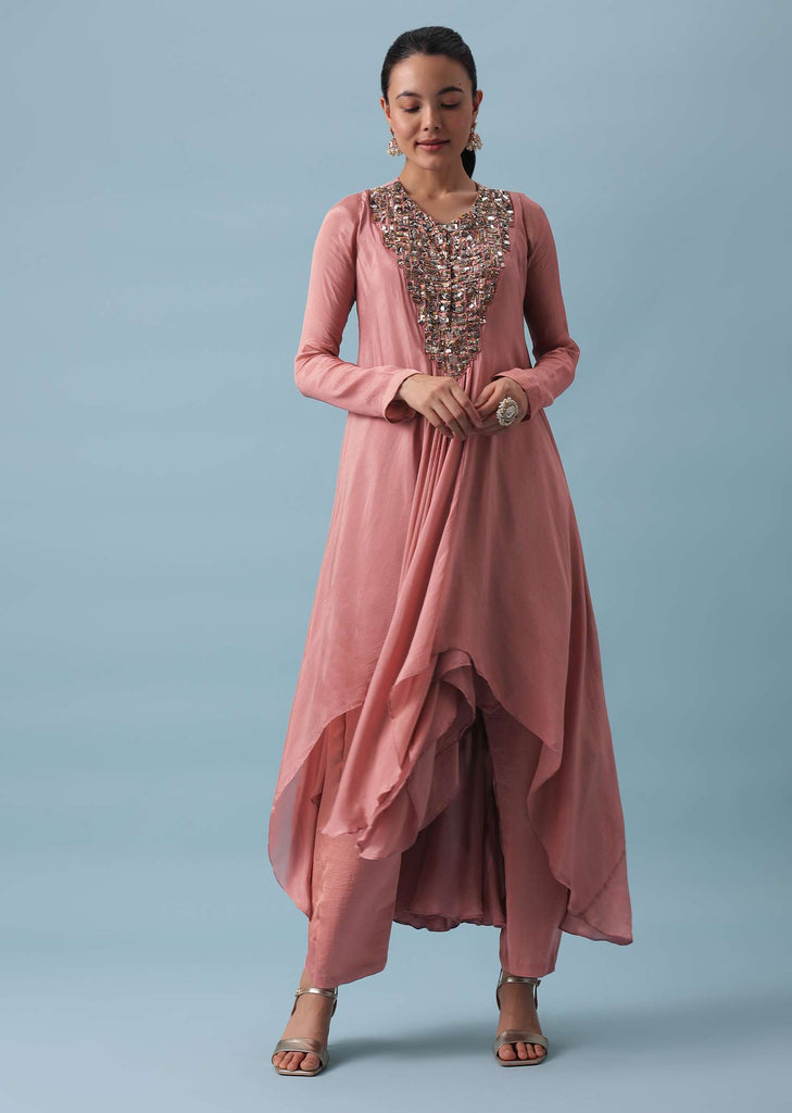 Pink High Low Anarkali Set In Chinon