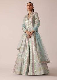 Aqua Blue Chanderi Anarkali Set With Brocade Detail