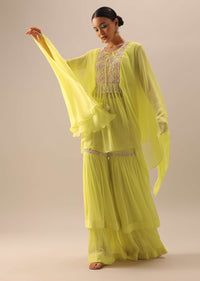 Yellow Asymmetric Hem Kaftan And Sharara Set