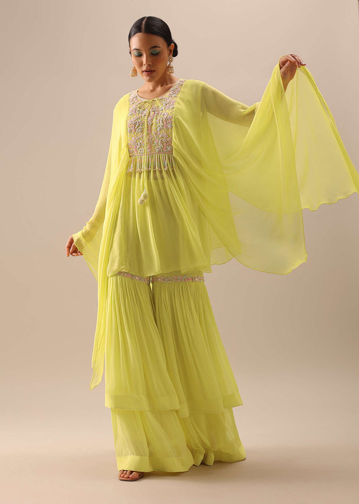 Yellow Asymmetric Hem Kaftan And Sharara Set