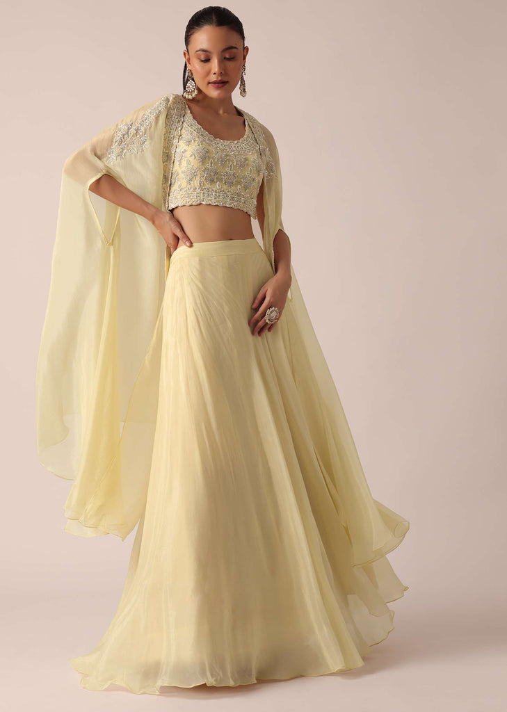 White Organza Jacket And Lehenga Set With Sequin Work