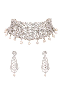 92.5 Sterling Silver Choker Set with Faux Diamonds And Pearl Drops