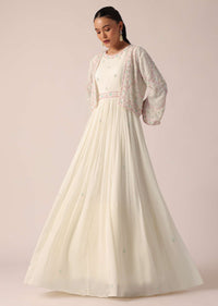 White Embroidered Jacket And Anarkali Set With Sequin Work