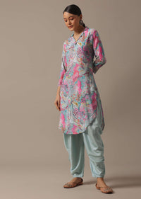 Blue Printed Kurta And Dhoti Set In Tussar Silk