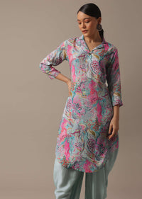 Blue Printed Kurta And Dhoti Set In Tussar Silk