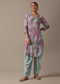 Blue Printed Kurta And Dhoti Set In Tussar Silk