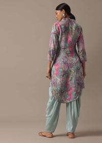 Blue Printed Kurta And Dhoti Set In Tussar Silk