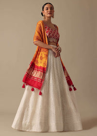 White Lucknowi Lehenga Set With Foil Mirror Work