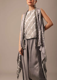 Grey Handmade Embellished Jacket And Dhoti Set With Bandhani Leheriya Work