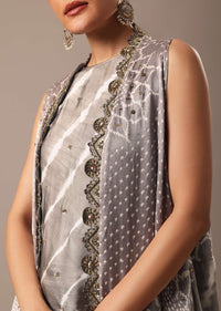 Grey Handmade Embellished Jacket And Dhoti Set With Bandhani Leheriya Work