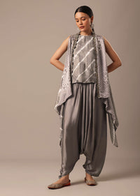 Grey Handmade Embellished Jacket And Dhoti Set With Bandhani Leheriya Work