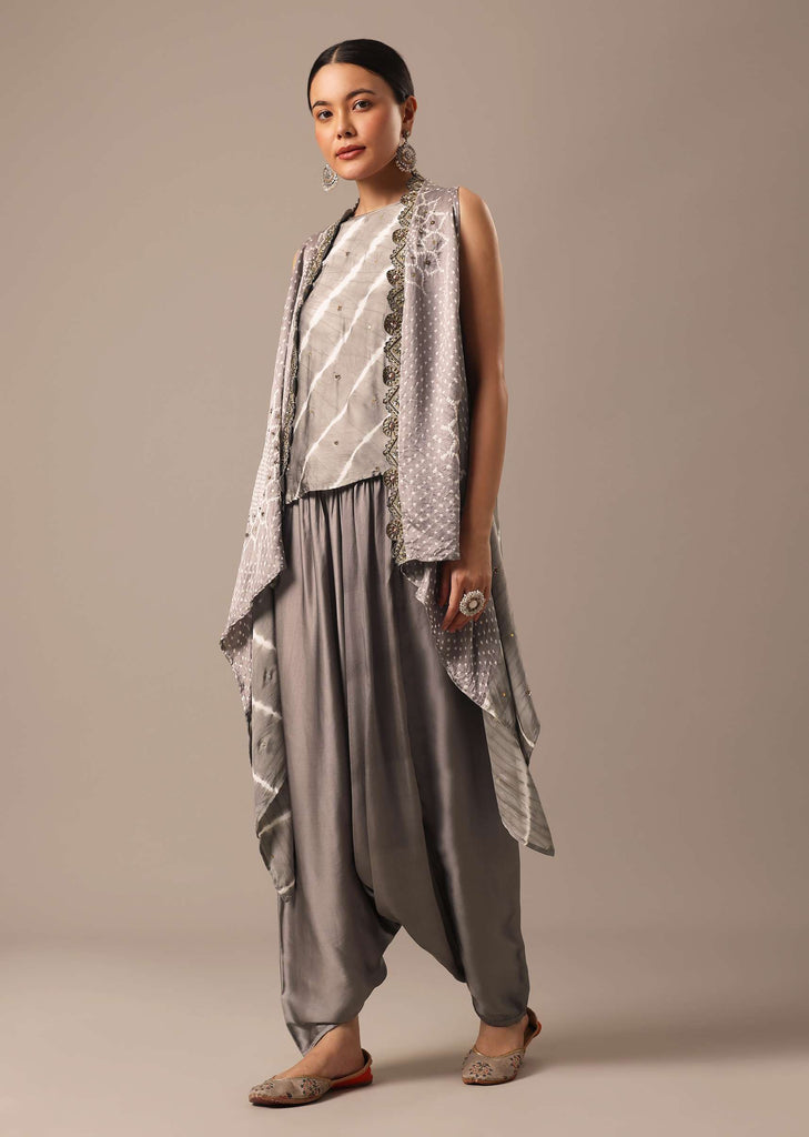 Grey Handmade Embellished Jacket And Dhoti Set With Bandhani Leheriya Work