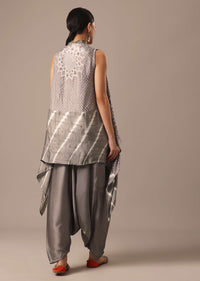 Grey Handmade Embellished Jacket And Dhoti Set With Bandhani Leheriya Work