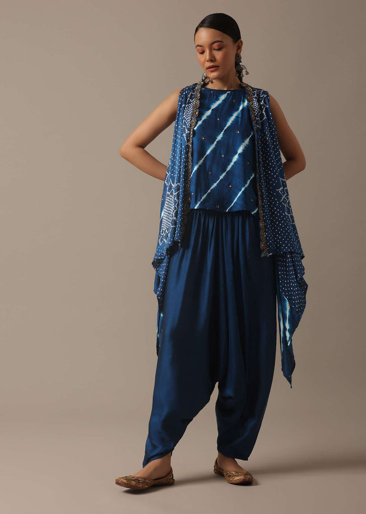 Blue Handmade Bandhani And Leheriya Indo Fusion Set In Silk