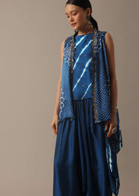 Blue Handmade Bandhani And Leheriya Indo Fusion Set In Silk