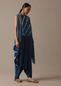 Blue Handmade Bandhani And Leheriya Indo Fusion Set In Silk