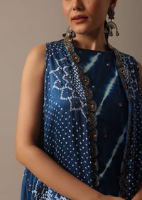 Blue Handmade Bandhani And Leheriya Indo Fusion Set In Silk