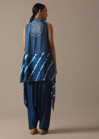 Blue Handmade Bandhani And Leheriya Indo Fusion Set In Silk