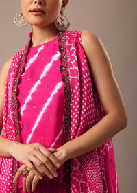 Pink Handmade Bandhani Jacket And Dhoti Set With Leheriya Detail