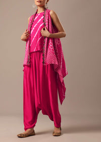 Pink Handmade Bandhani Jacket And Dhoti Set With Leheriya Detail