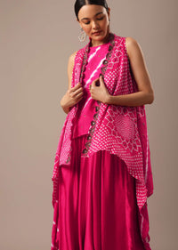 Pink Handmade Bandhani Jacket And Dhoti Set With Leheriya Detail