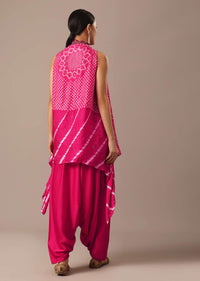 Pink Handmade Bandhani Jacket And Dhoti Set With Leheriya Detail