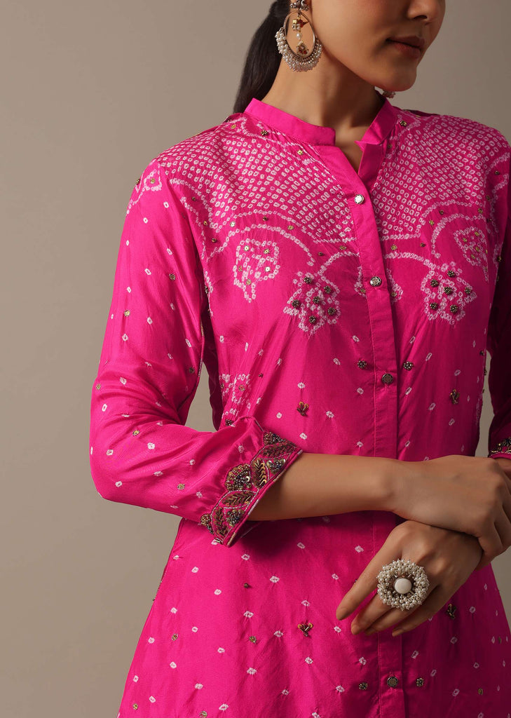 Pink Hand Dyed Bandhani Kurta And Pant Set