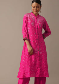 Pink Hand Dyed Bandhani Kurta And Pant Set