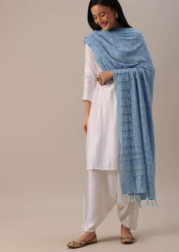 Blue Chiffon Lucknowi Dupatta with Tassels