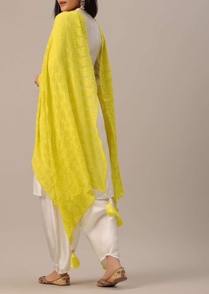 Yellow Lucknowi Dupatta with Tassels