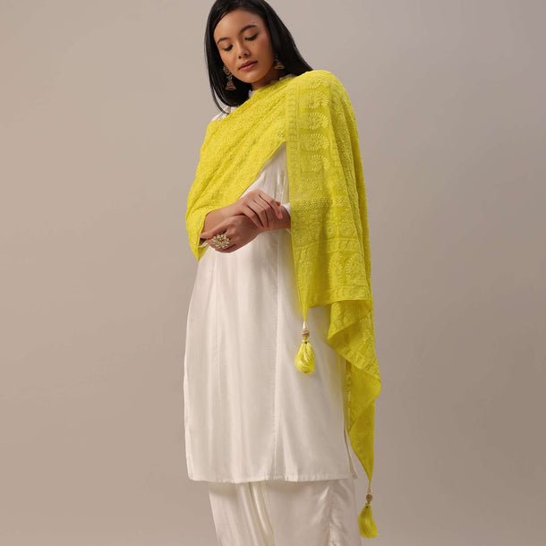 Yellow Lucknowi Dupatta with Tassels