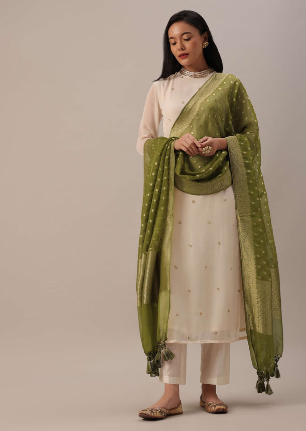 Green Dupatta In Chanderi with Zari Work