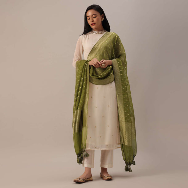 Green Dupatta In Chanderi with Zari Work