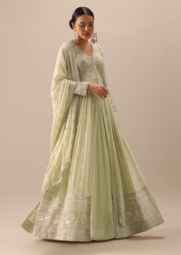 Green Anarkali And Lehenga Set With Lucknowi Work