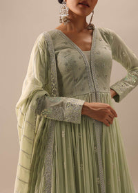 Green Anarkali And Lehenga Set With Lucknowi Work