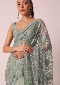 Green Embroidered Saree With Floral Motifs And Unstitched Blouse Piece